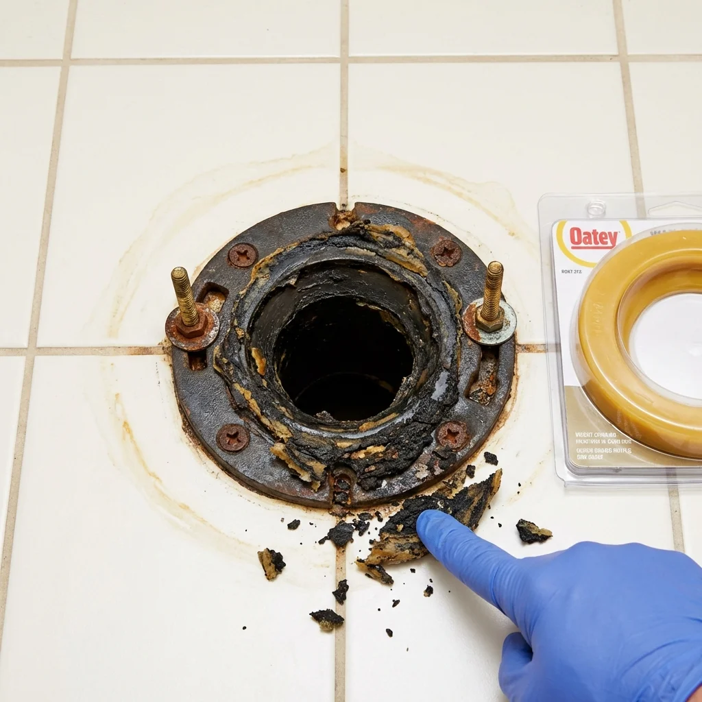 Failed wax ring showing water seepage at the base of a toilet in a Paxton, IL home