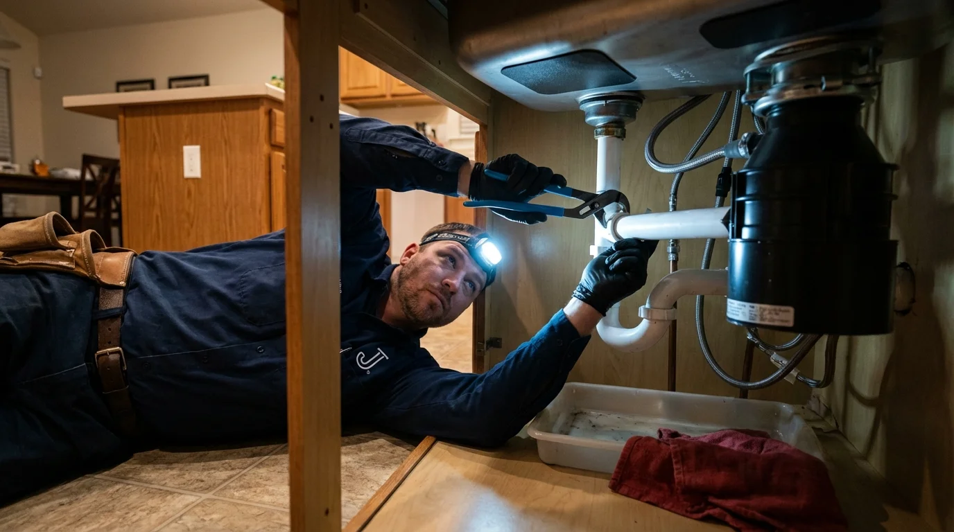 P-trap and supply line connections under a kitchen sink showing a common leak point in Paxton, IL